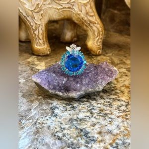 Huge Flower Silver Sapphire Topaz Stone Ring